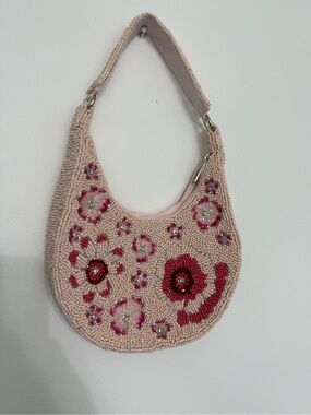 Hand-Beaded Mini Hobo Bag in Blush Pink with Floral Accents